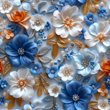 Tecido Tricoline Digital Flor Azul e Branca 3D