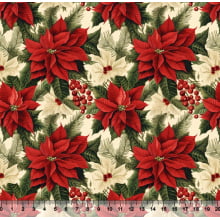 Tecido Tricoline Digital Flores Natal Bege/Vermelho 88128