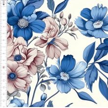 Tricoline Estampada Flores Azul Fundo Branco 9050v111