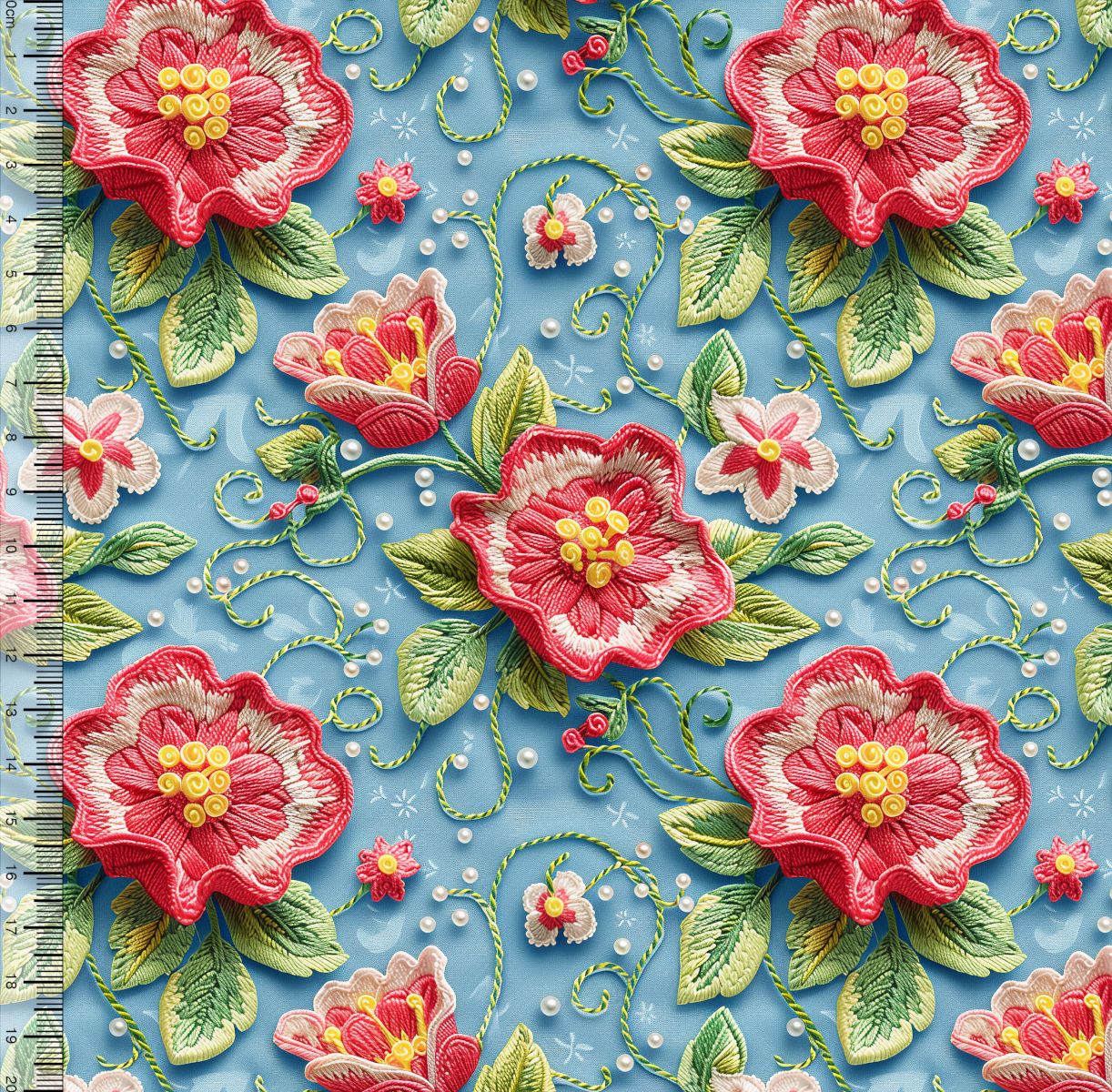 Tricoline Digital Flores Bordadas Fundo Azul 3D 88640