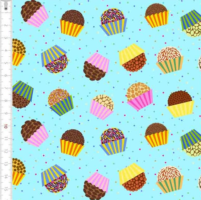 Tricoline Estampada CupCake Fundo Azul 9050v144